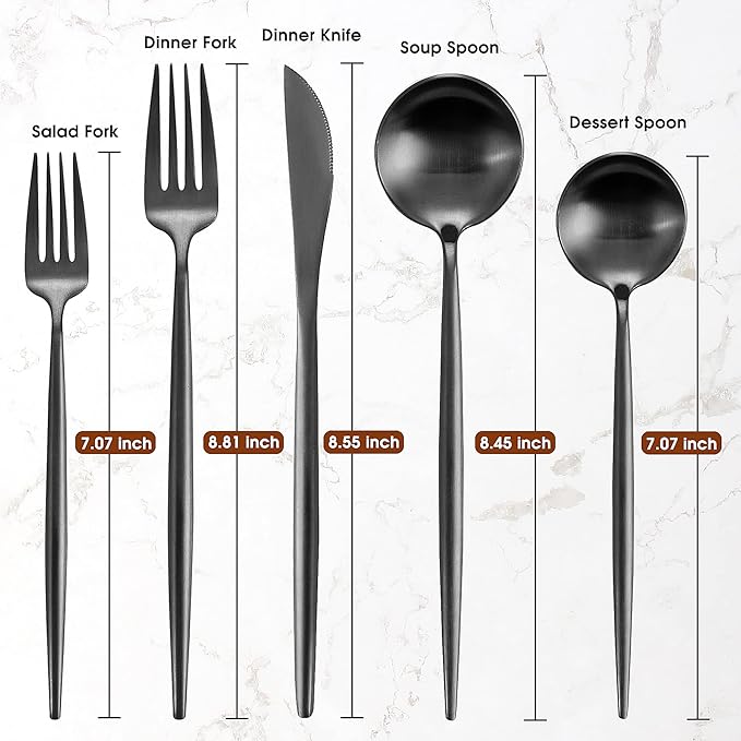 Matte Black Silverware Set for 12, IBIILII JEFF 60 Pieces Stainless Steel Flatware Set，Kitchen Utensil Set, Tableware Cutlery Set, Knife Spoons And Forks Set, Satin Finished Polished & Dishwasher Safe