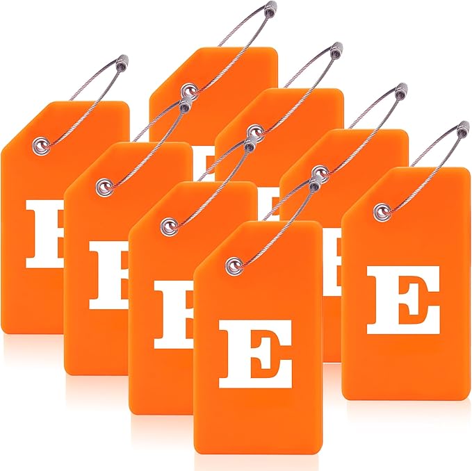 8 Pcs Luggage Tags for Suitcases, 26 Initial Letter Travel Luggage Baggage Identification Labels ID Tags Fully Bendable Tags with Stainless Steel Loop (Letter E, Orange)