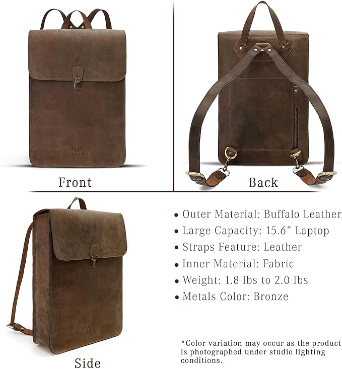 Genuine Leather Backpack for Men and Women, Minimalistic Leather Backpack, Handmade Retro Style 15.6" Laptop Bag, Hiking Shoulder Daypack - Hunter Brown