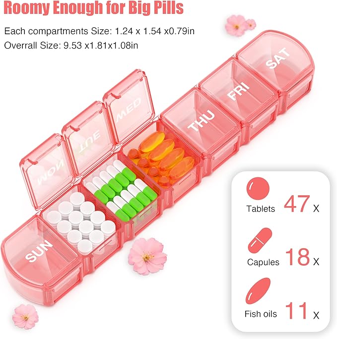 Extra Large Pill Organizer 2 Pack, XL Pill Box 7 Day, Weekly Pill Case with Large Capacity, Jumbo Organizer, BPA Free (Pink+White)