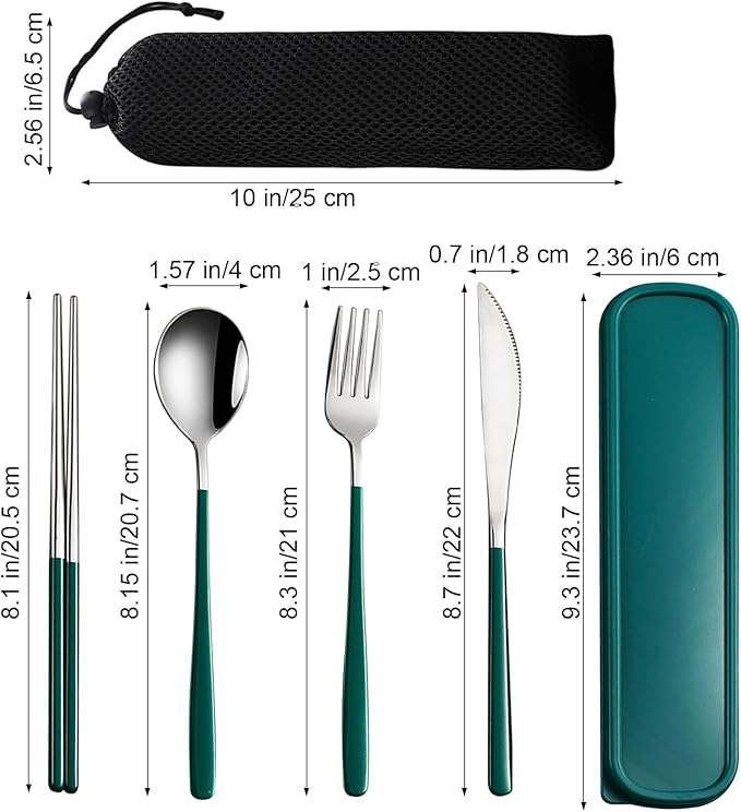 VANRA 4-Piece Portable Travel Utensils Set with Case 18/8 Stainless Steel Flatware Set Reusable Cutlery Set with Fork Spoon Knife Chopstick for Lunch Travel Camping School Work Picnic (Deep Green)