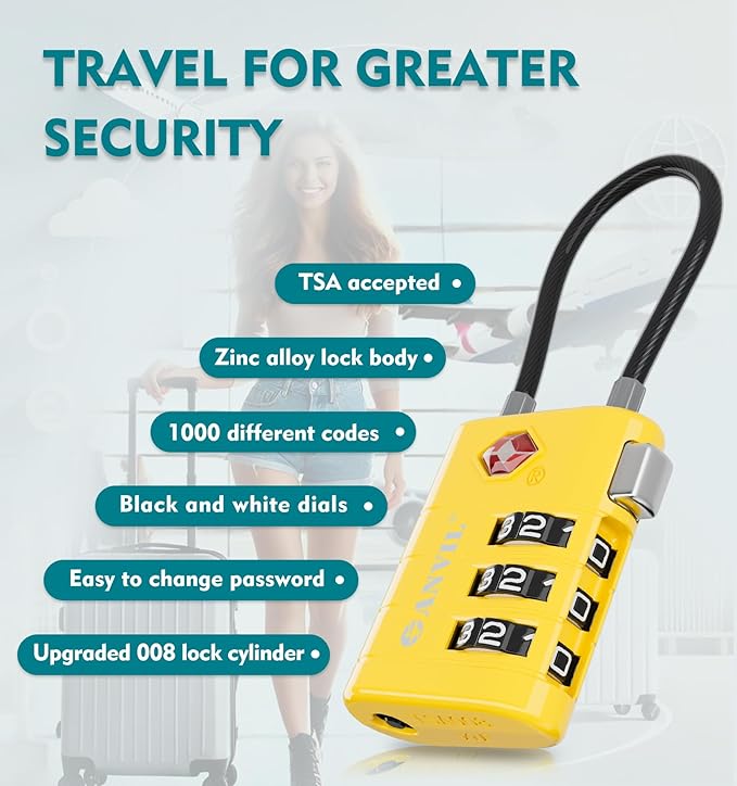 ANVIL TSA Approved Luggage Locks – High Security TSA008 Combination Travel Locks with Inspection Indicator for Suitcases and Backpacks. (2, Yellow)