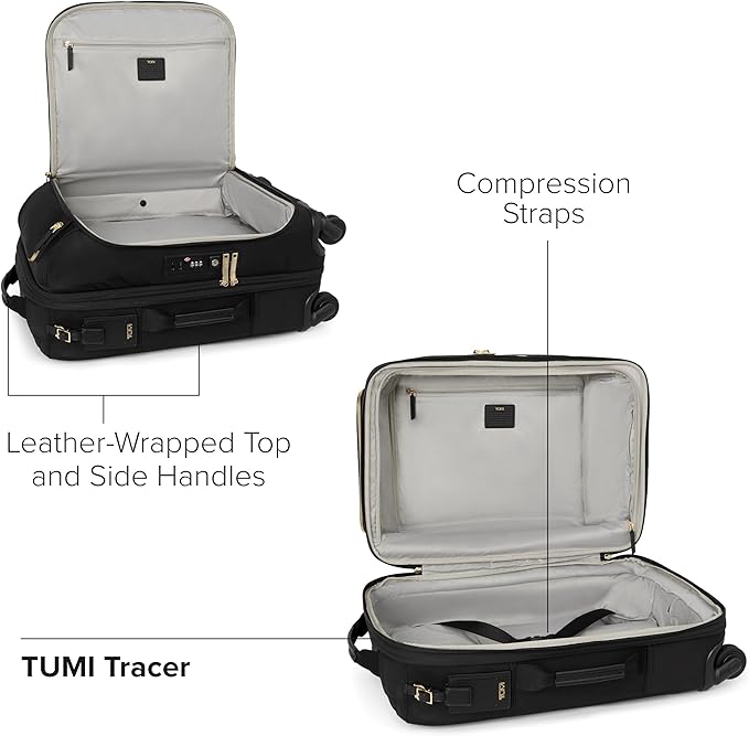 TUMI - Voyageur Leger 4 Wheeled Luggage - Women's Lightweight and Spacious, Sleek Silhouette, Durable Premium Suitcase - 21.8" International Expandable Carry-On, Black with Gold Hardware