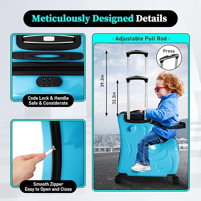 20 Inch Children's Ride On Trolley, Toddler Luggage Seat Ride with Lock, Kid's Ride-on Travel Suitcase with Spinner Wheels, Kids Travel Trolley Riding Luggage Suitcase for Boys Girls Gift, Blue