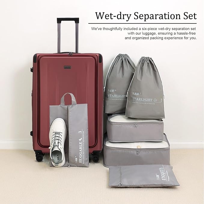 Premium Carry On Luggage, 29 Inch Top Opening Aluminum Frame Airline Approved ABS+PC Hard Shell Suitcases with Silent Wheels, TSA Lock, Front Pocket & Wet-dry Separated Six-piece set