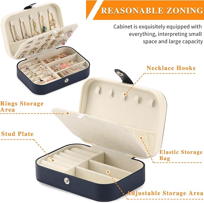 Travel Jewelry Box, PU leather Small Jewelry Organizer For Female Girls, double layer portable mini travel case for storing earrings, rings, necklaces.(dark blue)