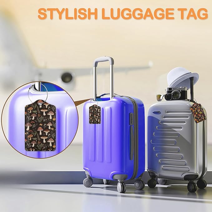 Psychedelic Mushrooms, Butterflies, Insectsts 3 Pack PU Leahter Luggage Tag with Stainless Steel Loop, Travel Suitcase Labels with Privacy Cover ID Label Quickly Spot for Bags