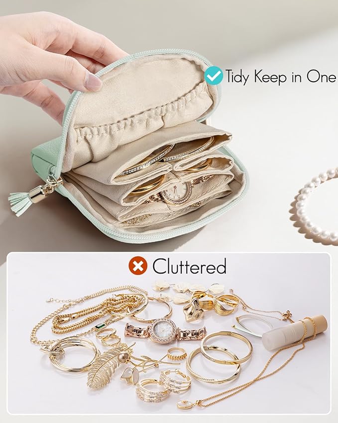 Vlando Small Jewelry Travel Case,Jewelry Pouch Bags with Zipper,Velvet Jewelry Organizer Storage Bag for Bracelet Rings Earring Travel Essentials Gifts for Women Girl-Mint Green