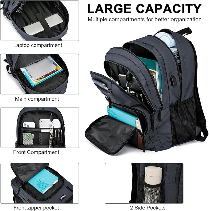 School Backpack for Teen Boys & Girls - 8 Compartments Water Resistant Bookbag with Large Laptop Sleeve | 15.6 Inch Anti-Theft College Student Backpack, Black
