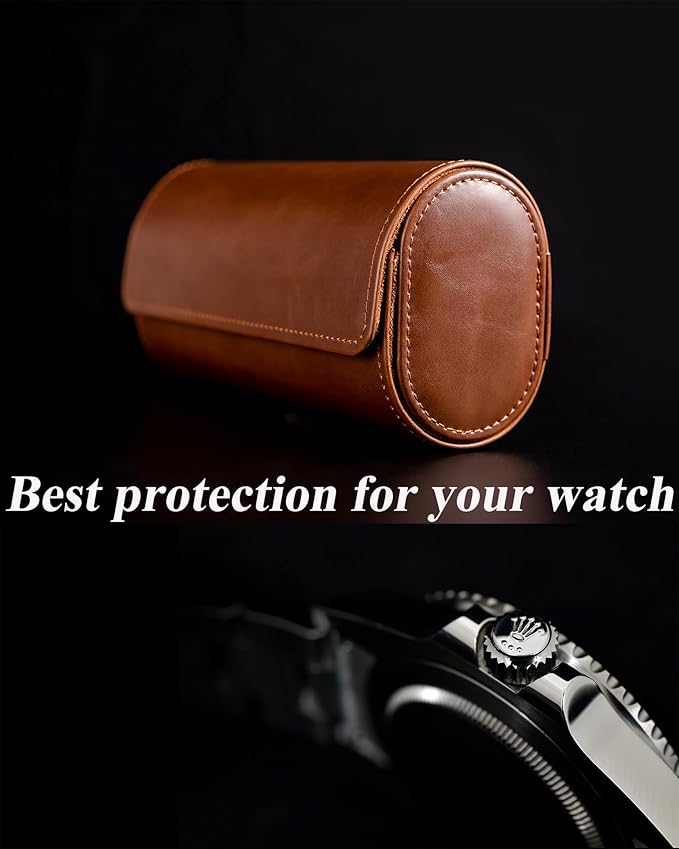 MR.OKAY 2 Watch Travel Case-Classic Leather Watch Case With Superb Texture.Portable Watch Roll Or Organizer For Storage And Display. Travel Gift for Men, All Handmade By Leather Craftsmen.