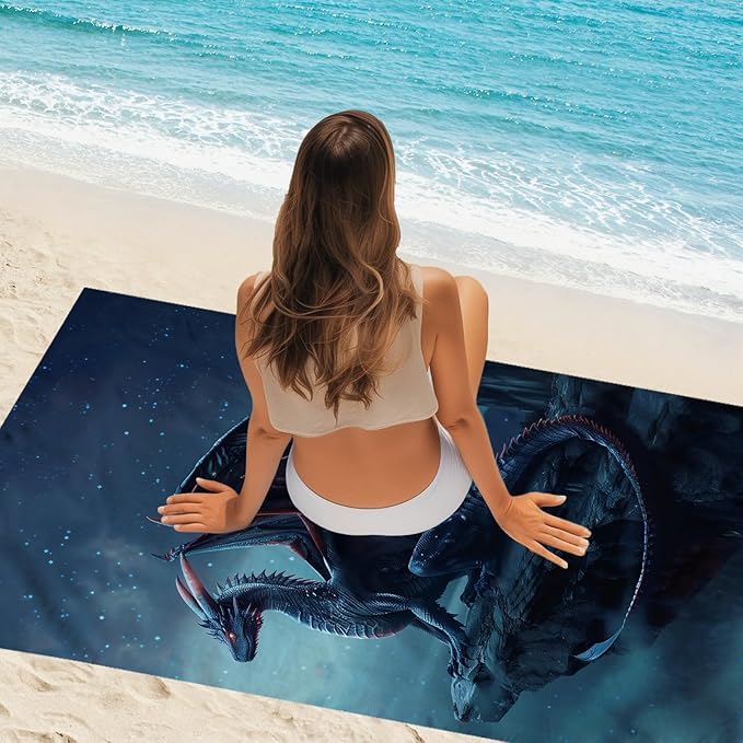 WZOMT Microfiber Dragons Beach Towel, Cool Funny Blue Dragons Standing on The Cliff Edge Bath Towels for Kids Boys Men, Quick Dry Sandproof Swim Pool Towel, Oversized 32x52 Inch