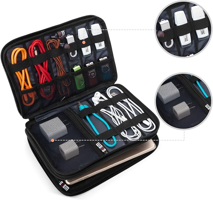 BUBM Double Layer Electronic Accessories Organizer, Travel Gear Bag for Cables, USB Flash Drive, Plug and More, Perfect Size Fits for iPad mini (Medium, Gray)