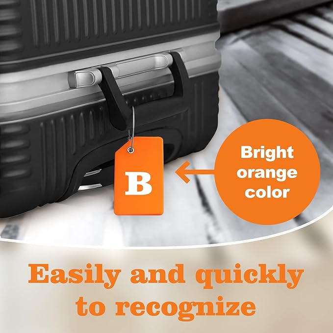 8 Pcs Luggage Tags for Suitcases, 26 Initial Letter Travel Luggage Baggage Identification Labels ID Tags Fully Bendable Tags with Stainless Steel Loop (Letter B, Orange)