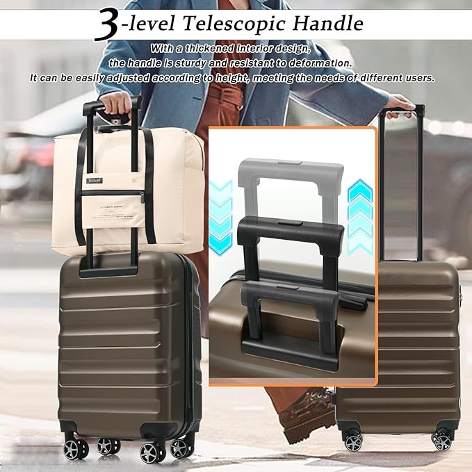 Merax Carry On Luggage Set 20 Inch Hardshell ABS Suitcase with 8 Silent Wheels Foldable Duffel Bag Durable Travel Luggage for Daily Use Business Brown