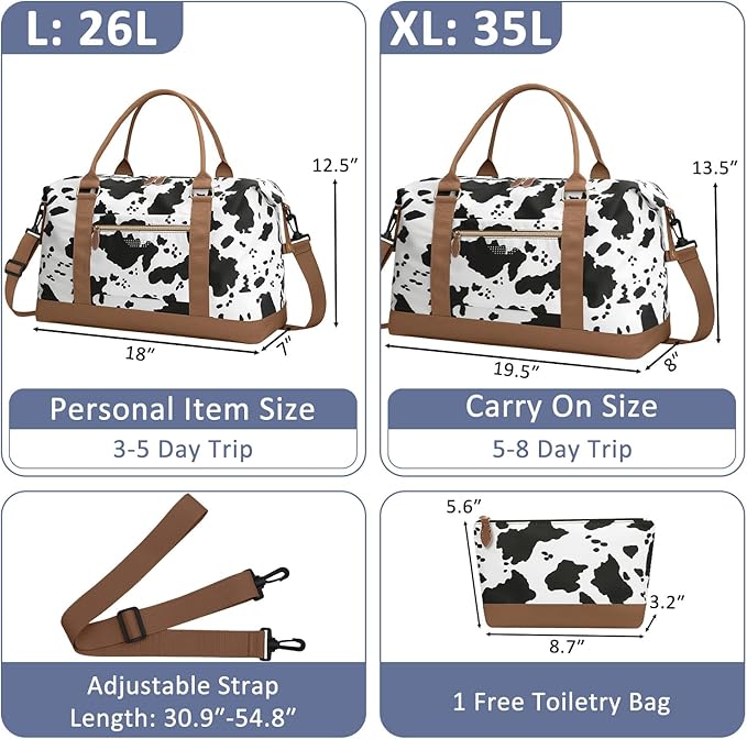 Travel Duffle Bag for Women, Weekender Bags, Hospital Bag for Labor Delivery, Lightweight Tote Duffel Overnight Bag with Luggage Sleeve, Airplane Travel Bags with Toiletry Bag, X-Large, Cow