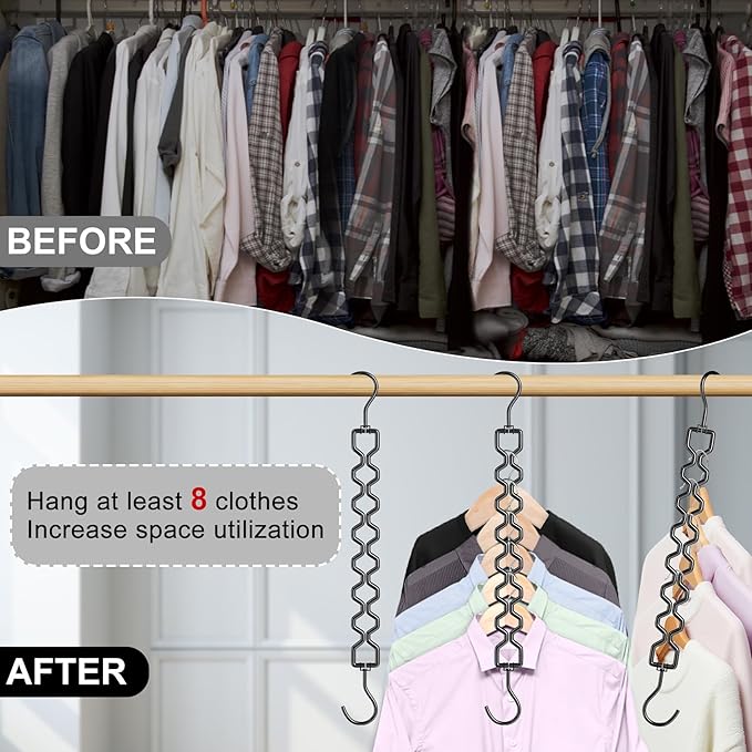 3 Pack Space Saving Hangers for Clothes, Heavy Duty 30Lbs Capacity Magic Clothes Space Saver Sturdy Metal Hanger Organizer with 360° Swivel Hook, Closet Organizers Storage Dorm Essentials Black