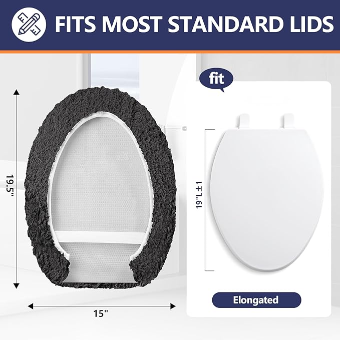 Microfiber Elongated Toilet Seat Cover 19.5"x 15" Machine Washable Solid Toilet Lid Cover Adjustable Rubber Backing Fits Most 18-19.5" L x 14-16" W Elongated Toilet Seat