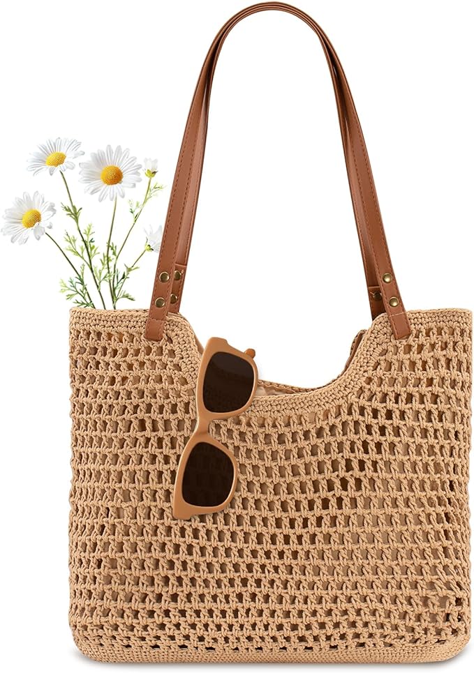 Peicees Crochet Beach Bag For Women Summer Tote Bag Boho Shoulder Bag With Leak-Proof Lining for Vacation Travel Woven Purse