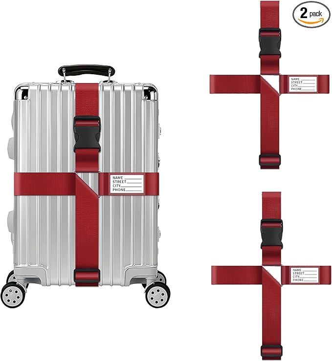 2-Pack Adjustable Luggage Straps for Suitcases – 2-Inch Wide Cross Travel Belt for 20"-32" Carry-On, Large & Collapsible Luggage – Durable Seatbelt Material, Suitcase Belts & Connector Straps (red)