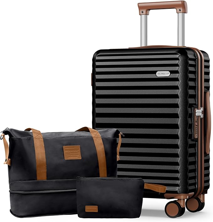SHOWKOO Suitcase Hardside Expandable Luggage Set, Suitcase with Double Spinner Wheels TSA Lock 3 Piece Luggage Set Black (DB/TB/28in)