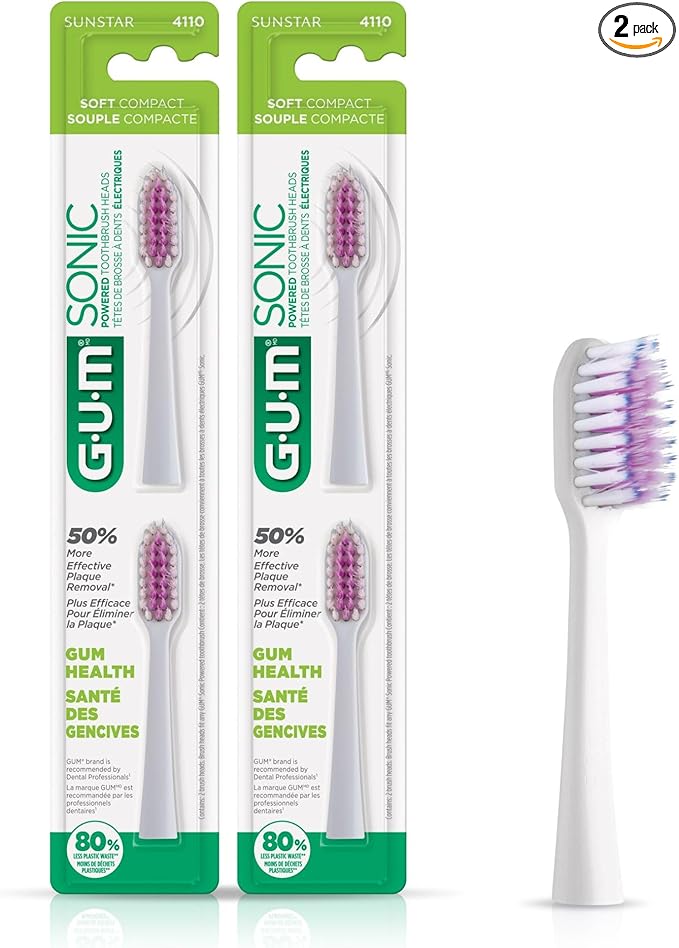 GUM Sonic Powered Toothbrush Refills, Tapered Bristles Clean Below The Gumline, White 2ct. (Pack of 2)