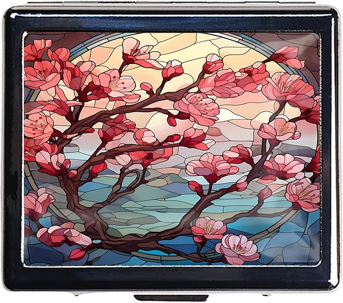 Silver Vintage Pill Box 7 Day Metal Pill Box with Mirror and 8 Compartments Cute Travel Pill Organizer for Purse (Stained Glass Cherry Blossom)