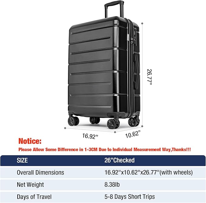 KYME 26 Inch Luggage TSA Approved Hardshell 26" Suitcases with Spinner Wheels Durable Medium Travel Checked Luggage with Cup Holder for Women Men Black