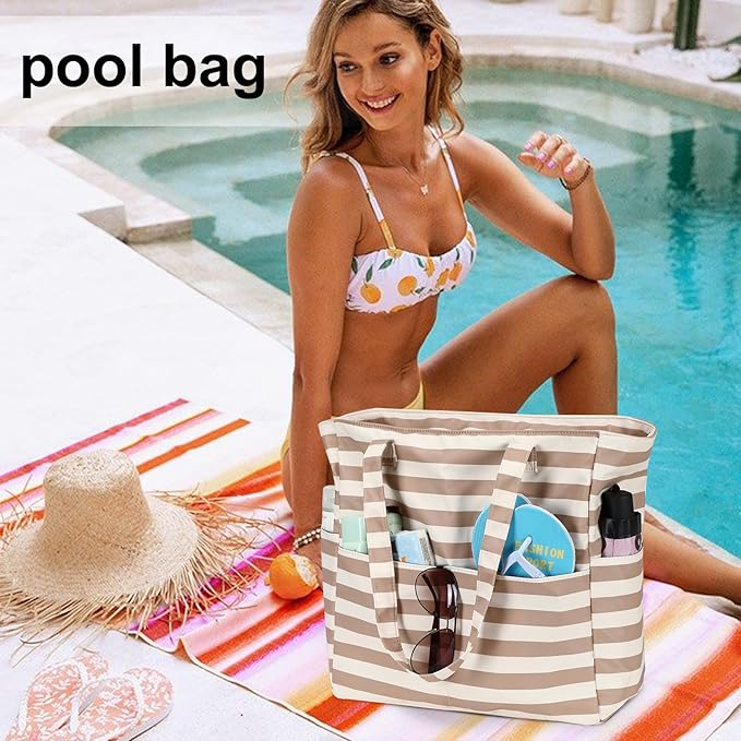 LEDAOU Large Beach Tote Bag Women Waterproof Sandproof Zipper Beach Tote Bag for Pool Gym Grocery Travel with Wet Pocket