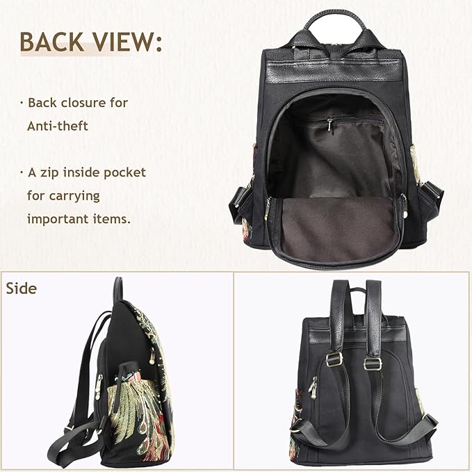 Jursccu Glitter Embroidery Women Backpack Purse, Fashion Canvas Travel Anti-theft Rucksack Shoulder Bag (Black)