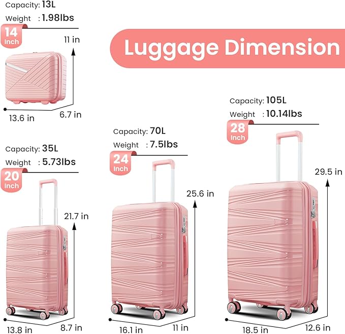 Campfun Luggage 4 Piece Sets, Expandable Carry On Luggage Set Hardshell PP, Suitcase Set with Double Spinner Wheels, Checked Durable Lightweight with TSA Lock, 14in 20in 24in 28in-Pink(C)