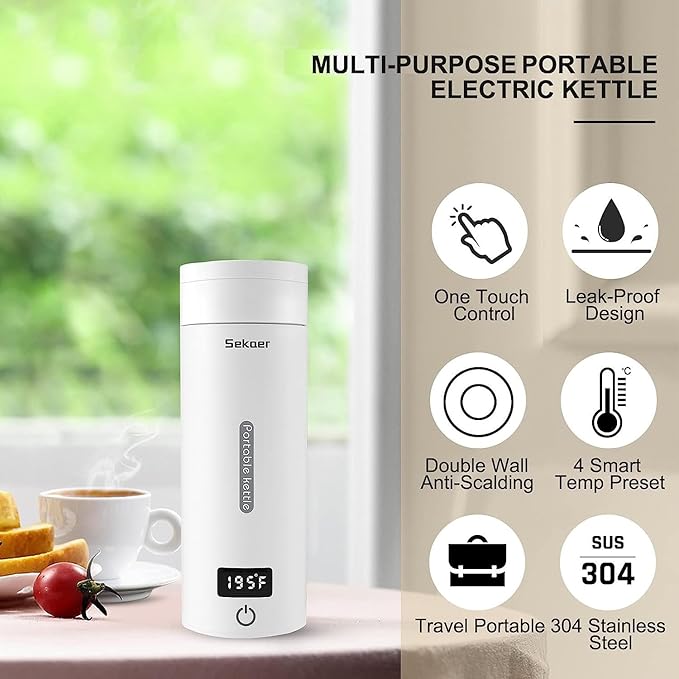 Sekaer Portable Electric Tea Kettle Travel Small Mini Coffee Kettle, with 4 Variable Presets, Personal Hot Water Boiler 304 Stainless Steel with Auto Shut-Off & Boil Dry Protection, SY-618A
