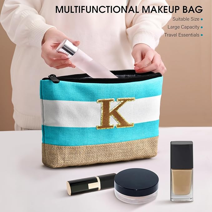 Becokan Beach Bag Initial Beach Tote with Makeup Bag for Travel Work Storage Personalized Birthday Gifts for Women Her