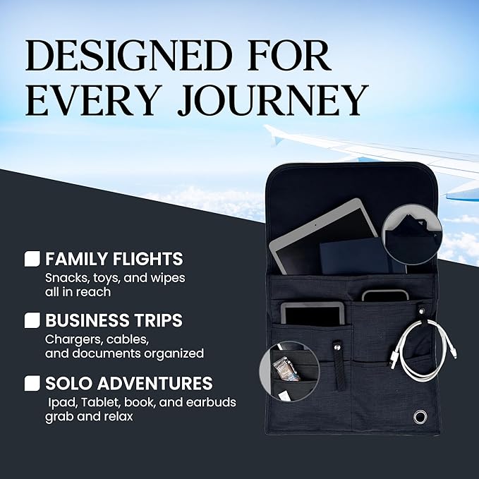 SO~MINE Airplane Pocket Organizer | Tray Table Cover | In Flight Seat Back Organizer Bag | Commuter Essential Travel Bag | Media Pouch For Flying | Travel Gift | Attaches To Luggage