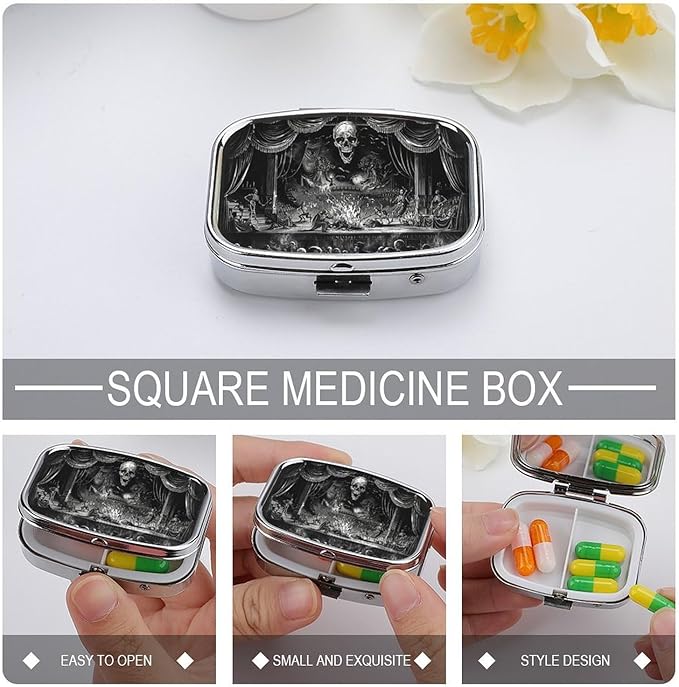 Metal 2 Compartment Pill Organizer Travel Friendly Portable Compact Pill Box Cute Pill Case to Hold Vitamins,Fish Oil,Supplements,Meds,Tablet for Purse,Pocket. (Dark Stage)