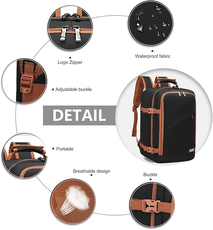 Kono Carry on Backpack, 16" Airplane Approved Under Seat Travel Backpack for Men and Women, Waterproof Lightweight Daypack for Flight 20L, Black/Brown