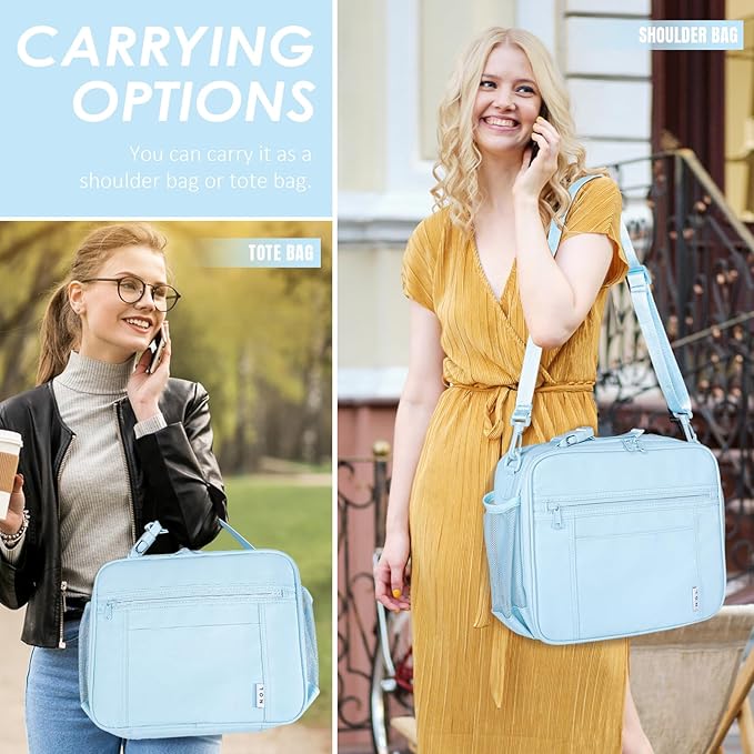 NOL Kids Lunch Bag - Kids 3+ Reusable Insulated Lunch Box with Zipper Closure Buckle Handle Adjustable Long Shoulder Strap, Easy-Clean Waterproof Fabric, Children Lunch Tote Bag for School -Light blue