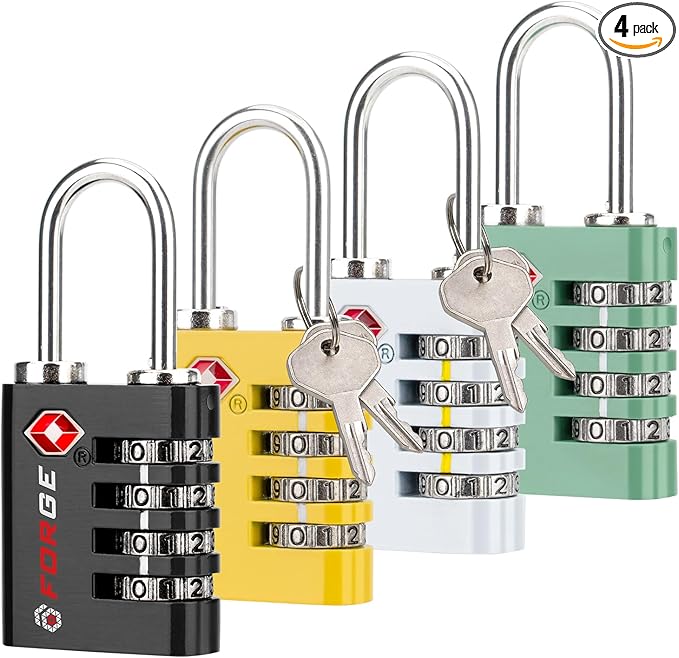 Forge Dual-Opening: Key or Combination Access Lock, TSA Approved Locks for Luggage, Pelican case, Travel, Gym, School, Stainless Steel Shackle. (Multi Color, 4 Pk)
