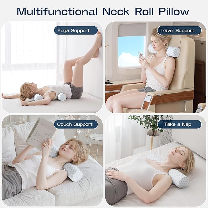 Neck Roll Pillow, Memory Foam Neck Support Pillows, Round Neck Pillows, Cylinder Bolster Pillows for Bed, Couch, and Yoga, Removable Washable Cover,18 * 4.3 * 4.3inch (Cool-Blue)