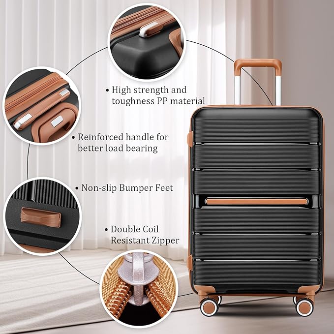 Campfun Luggage 4 Piece Sets, Expandable Carry On Luggage Set Hardshell PP, Suitcase Set with Double Spinner Wheels, Checked Durable Lightweight with TSA Lock, 14in 20in 24in 28in-Black Brown(A)