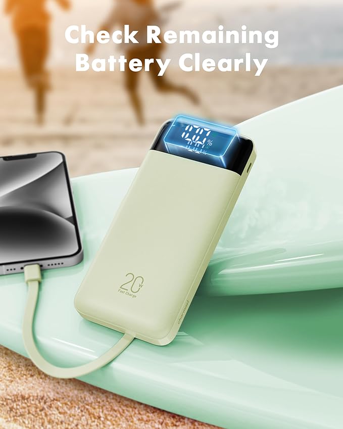 charmast 20000mAh Portable Charger with Built in Cables, 22.5W Travel Power Bank Fast Charging, USB C Cell Phone Battery Pack for iPhone 16/15/14/13/12/11 Series, iPad, Samsung, Android, Tablet
