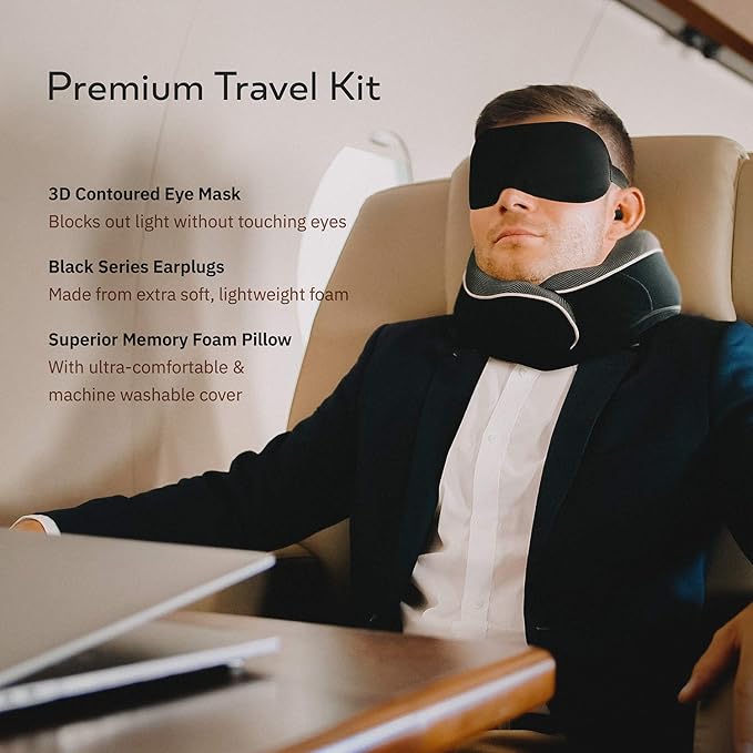 Orthopedic Neck Pillow, Travel Neck Pillows for Airplanes, Memory Foam Kit, 360° Head Support, Airplane Pillow Set with 3D Contoured Eye Masks, Earplugs, and Luxury Mesh Bag (Black)