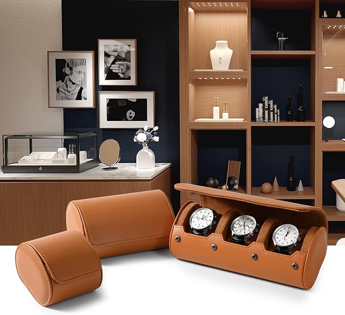 Oirlv Premium Leather Watch Roll Travel Case 3-Slot Watch Box for Men and Women Storage & Organizer Display, Anniversary Birthday（Brown）