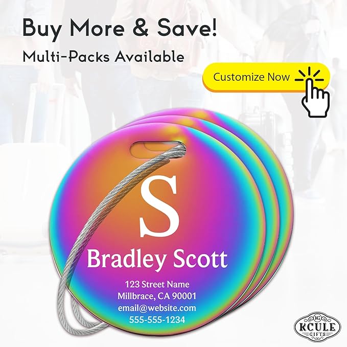 Custom Stainless Steel Luggage Tags: Personalize Your Suitcases, Backpacks, and Bags with Your Text (Rainbow) Elegant Circle-Rainbow