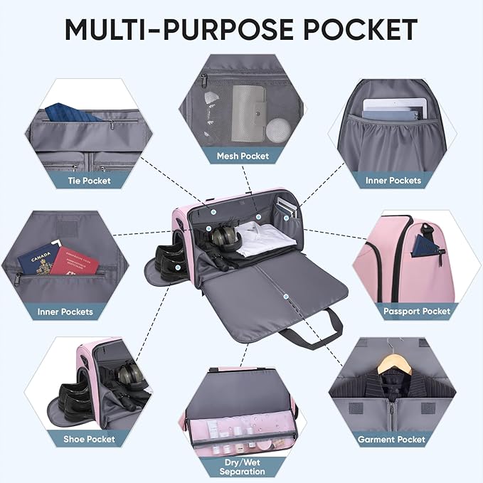 BALEINE Convertible Garment Bag with Shoe Compartment, 2 in 1 Carry on Garment Duffle Bags for Travel, Suit Bag for Men Women (Pink)