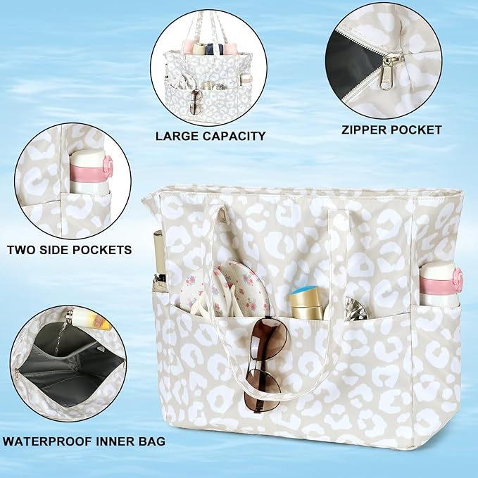 LEDAOU Large Beach Tote Bag Women Waterproof Sandproof Zipper Beach Tote Bag for Pool Gym Grocery Travel with Wet Pocket