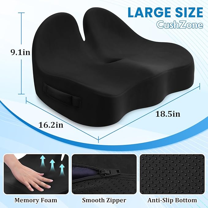 Seat Cushion, Memory Foam Office Chair Seat Cushion for Office Chairs/Car/Long Trip/Desk Chair/Gaming, Extra Large Size for Sciatica & Hip & Tailbone Pain Relief, Sciatica Support (Black)