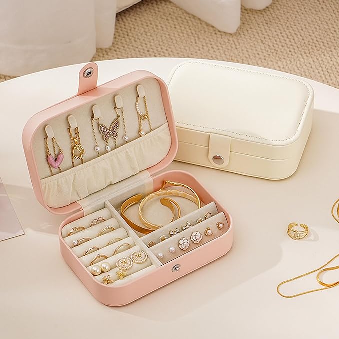 Travel Jewelry Box,Jewelry Travel Case, Small Jewelry Box,2 Layer Travel Jewlery Case, PU Leather Mini Portable Jewerly Storage Display Holder for Earrings, Ring, Necklaces, Bracelets (Pink)