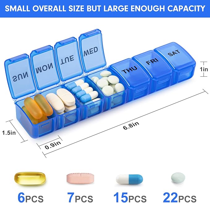 Small Pill Organizer 2 Times a Day, 2 Pack 7 Day Pill Box 1 Time a Day, Travel Friendly Day Night Vitamin Organizer, Weekly Pill Case Container