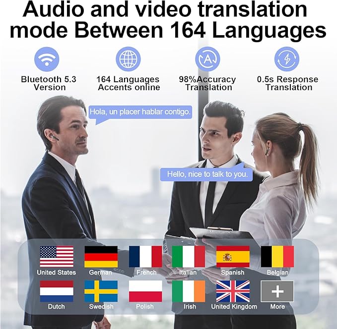 AI Translation Earbuds Real Time with Audio and Video Calls, 3-in-1 Language Translator Earbuds,164 Languages, 7 Translation Modes, 32H Buletooth 5.3 Headphones with Mic Translating Device