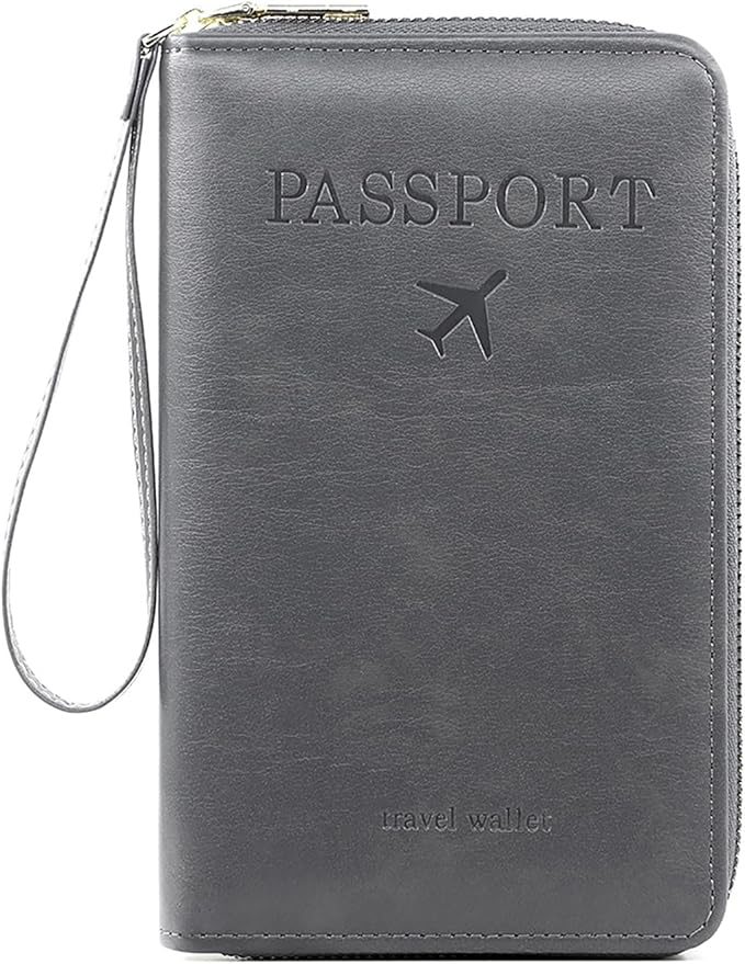 Rowgins Rfid Blocking Passport Holder Wallet, Rowgins Rfid Passport Holder with Zipper, PU Leather PassportHolder for Travel (GRAY)